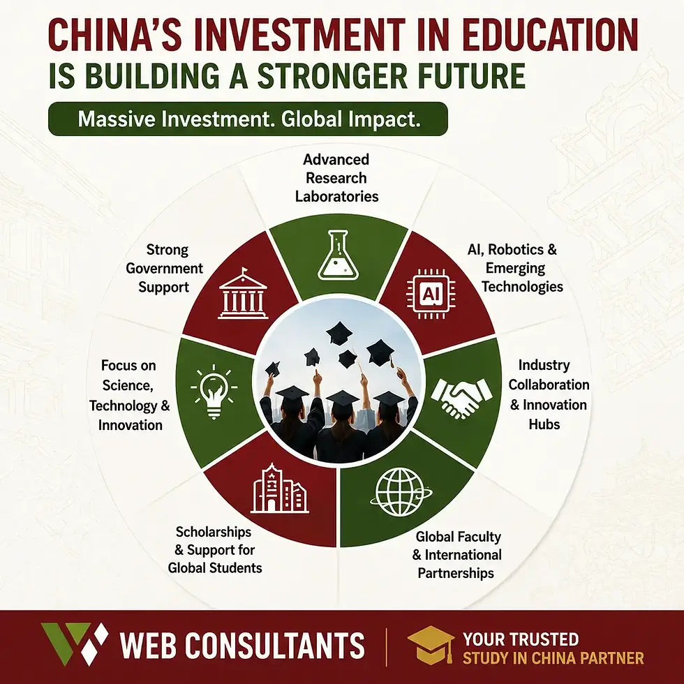 Infographic showing China’s major investment in education, highlighting research laboratories, AI and robotics, scholarships, global partnerships, innovation hubs, and support for international students, with Web Consultants branding.