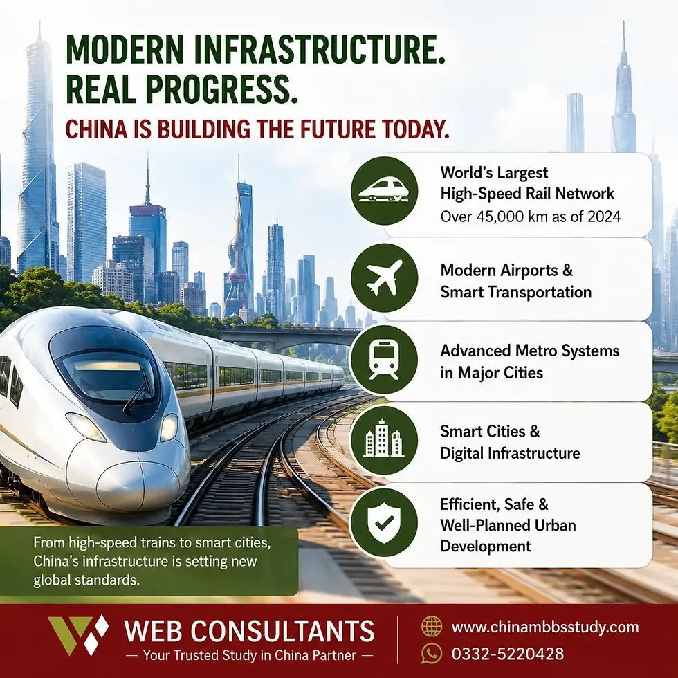 Infographic highlighting China’s modern infrastructure, featuring high-speed rail, smart transportation, advanced metro systems, smart cities, and urban development, with a futuristic city skyline and Web Consultants branding.
