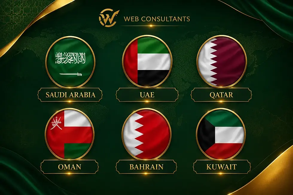 Gold-and-green Web Consultants graphic showing Saudi Arabia, UAE, Qatar, Oman, Bahrain, and Kuwait flags in labeled circles.