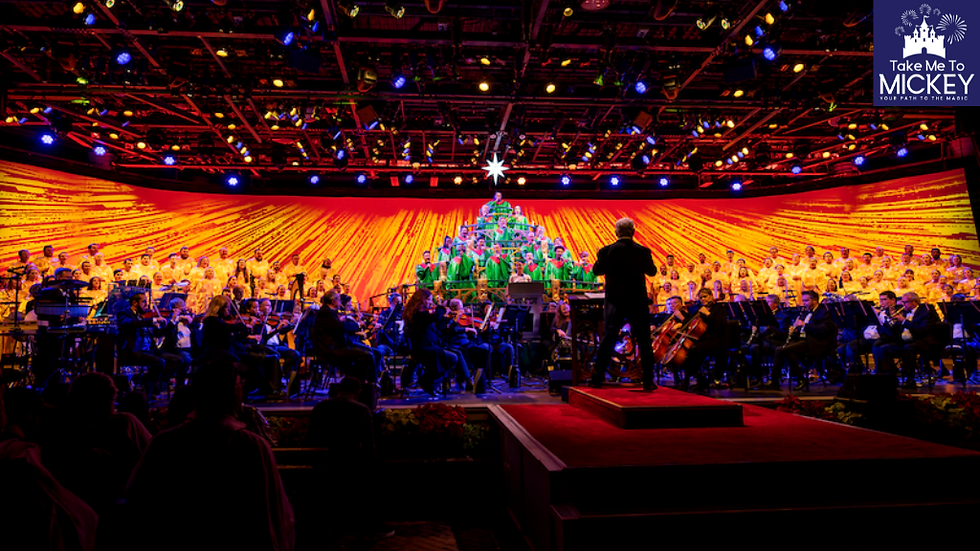 Full stage view of the EPCOT Candlelight Processional under bright blue and purple stage lighting with a massive choir arranged in a Christmas tree shape and decorated holiday trees framing the stage.