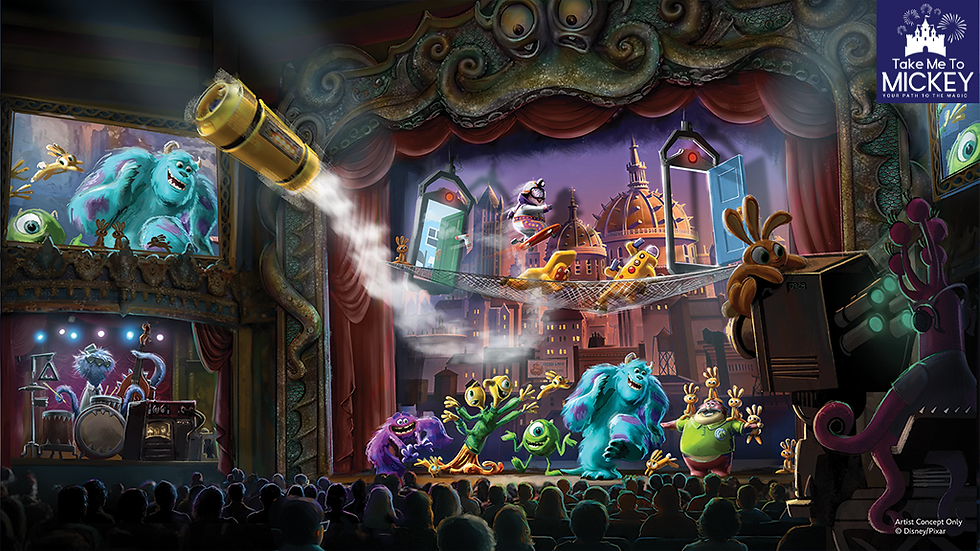 Creative concept art illustrating a live stage show performance inside the Glob Theater with Mike, Sulley, and floating closet doors in front of an audience.