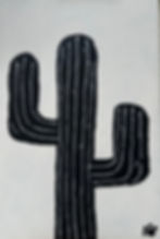 Recycled Cactus by Yatzi Studio & Gallery – minimalist black cactus silhouette with white highlights on a white background, created by painting over a repurposed commercial print. Contemporary abstract desert-inspired artwork exploring renewal, resilience, and transformation.