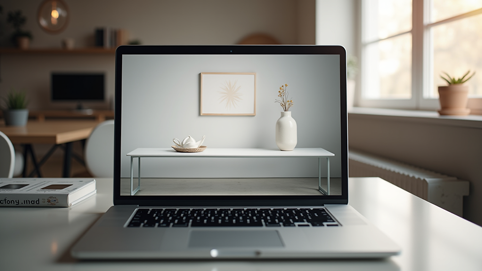 Eye-level view of a minimalist virtual art gallery interface on a laptop screen