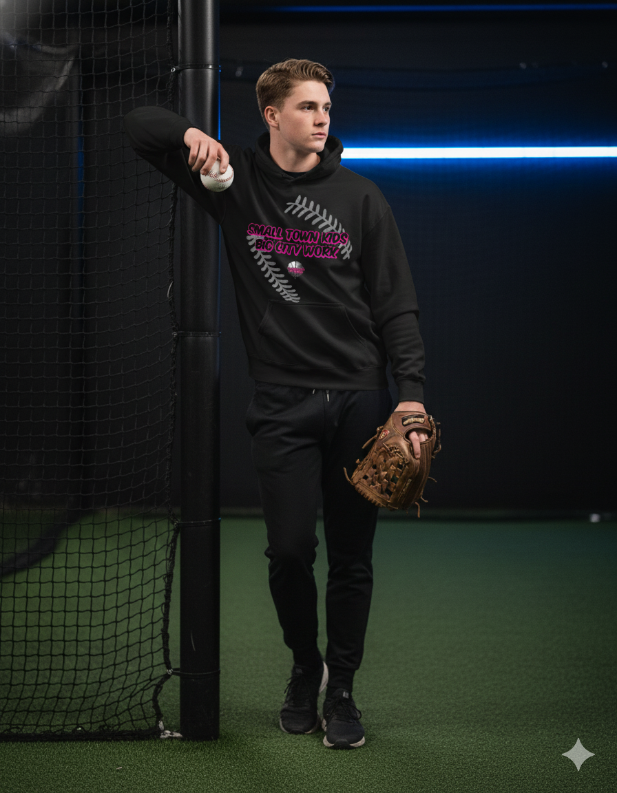 Person wearing a black Small Town Kids Big City Work hoodie holding a baseball.