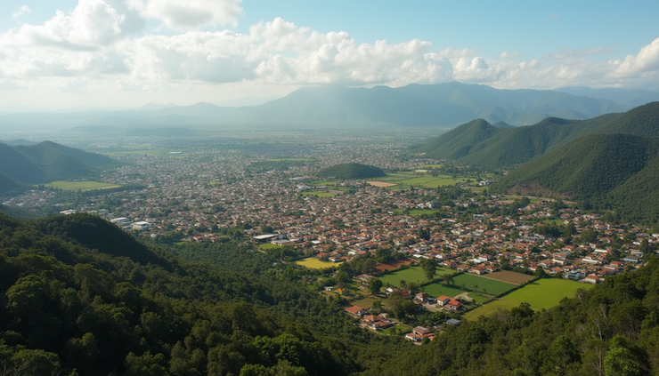 Vista panorâmica de uma região rural de Minas Gerais com áreas urbanas ao fundo