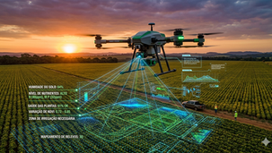 Um drone agrícola de última geração sobrevoando uma plantação de soja ao entardecer, com linhas gráficas holográficas que simulam a leitura e o processamento de dados do solo em tempo real.