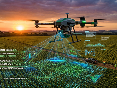 Um drone agrícola de última geração sobrevoando uma plantação de soja ao entardecer, com linhas gráficas holográficas que simulam a leitura e o processamento de dados do solo em tempo real.