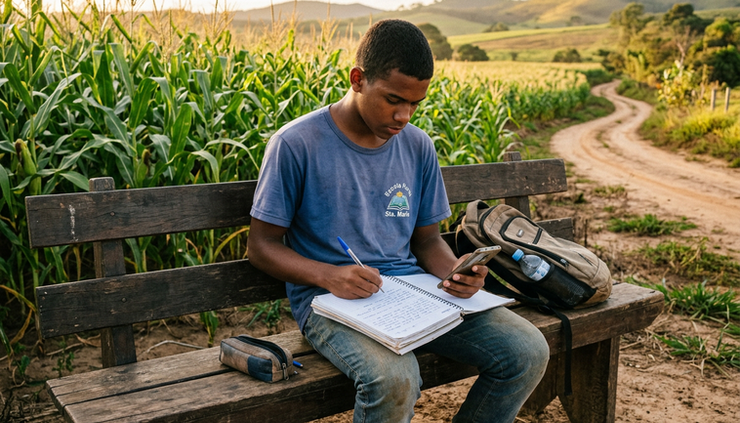 Eye-level view of a young rural student studying with a notebook beside a field