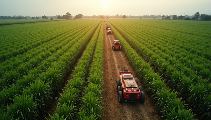 Vista aérea de plantação de cana-de-açúcar com máquinas agrícolas em operação