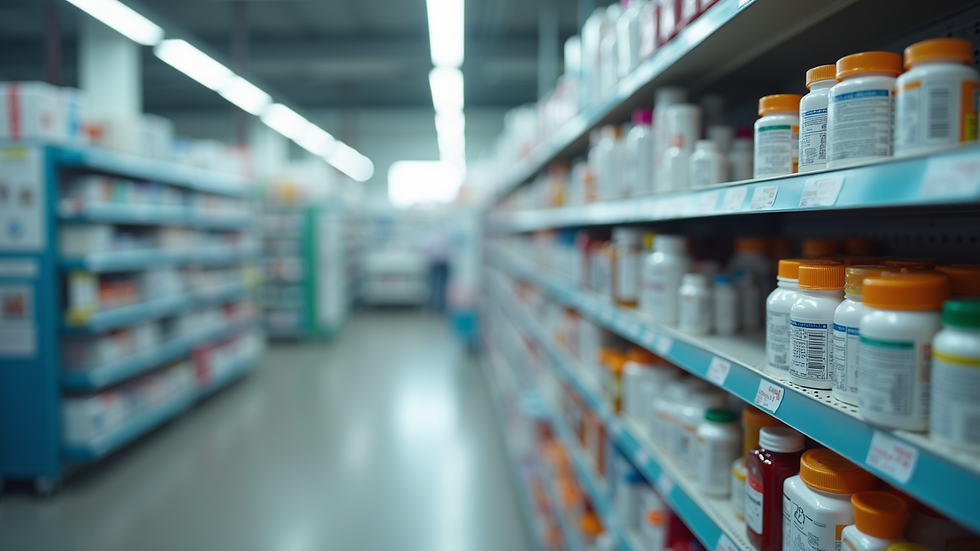 Close-up of pharmacy shelf stocked with various medications