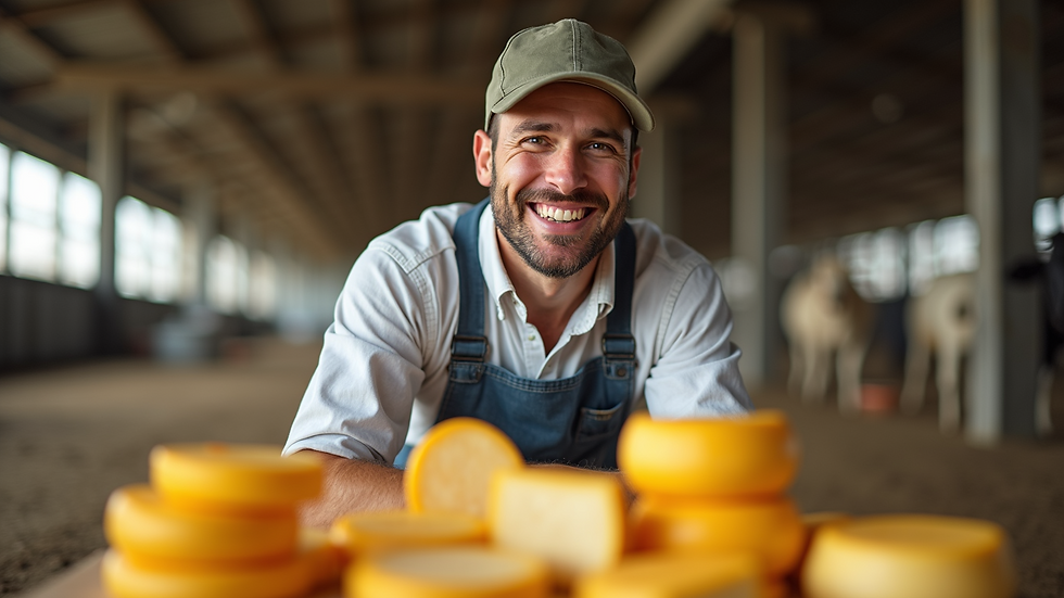 Eye-level view of a smiling dairy farmer with cheese products