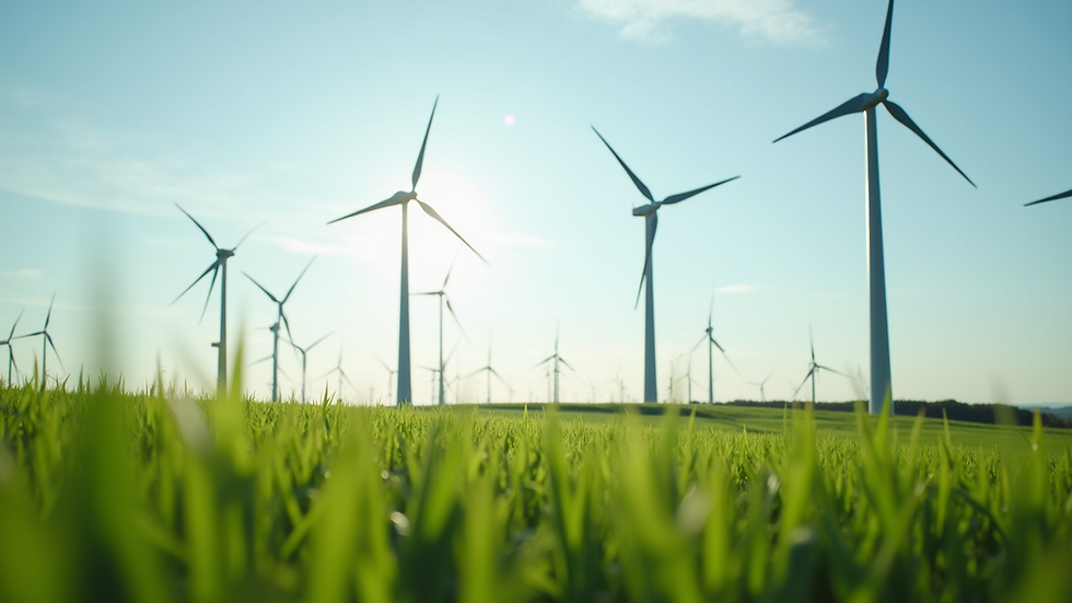 Close-up view of renewable energy wind turbines in a green landscape