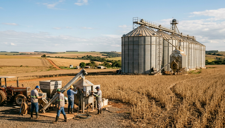 Vista ampla de silos metálicos e área de grãos em uma propriedade rural brasileira