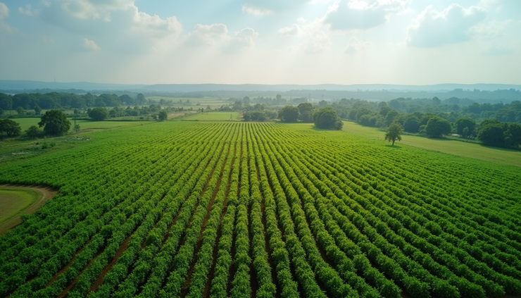 Vista aérea de plantação de soja em área rural brasileira
