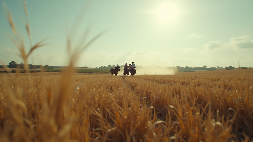 Eye-level view of a rural landscape with a music video shoot in progress