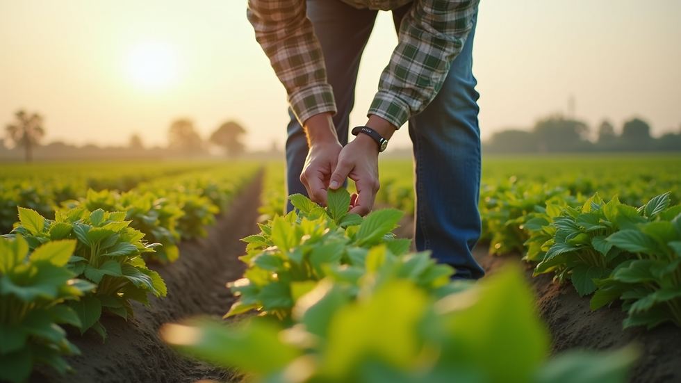 Close-up view of a farmer inspecting healthy crops in the irrigation field