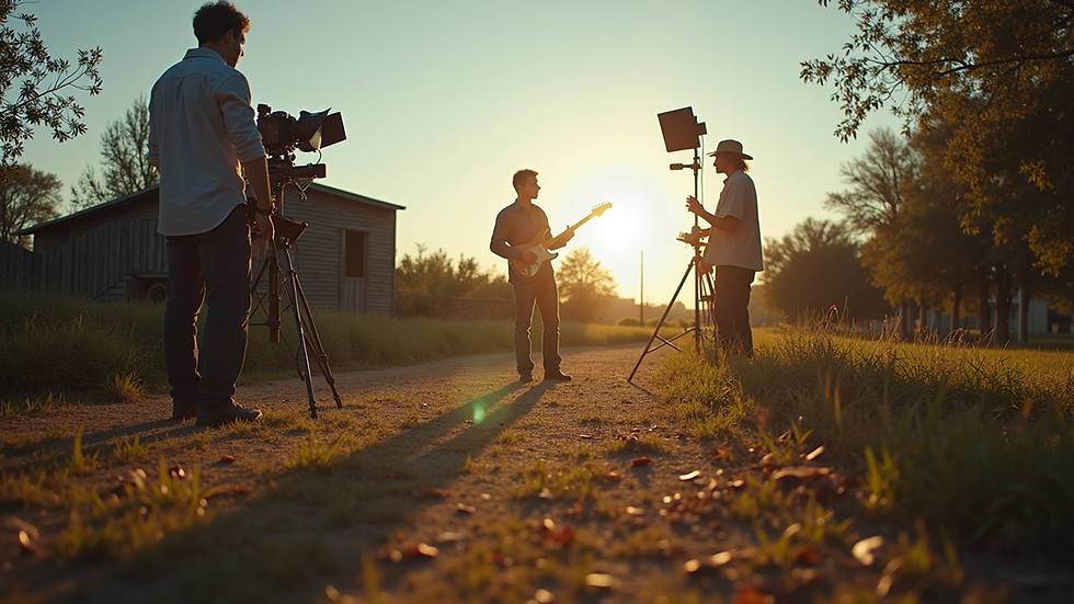 Eye-level view of a rural music video set with camera and lighting equipment