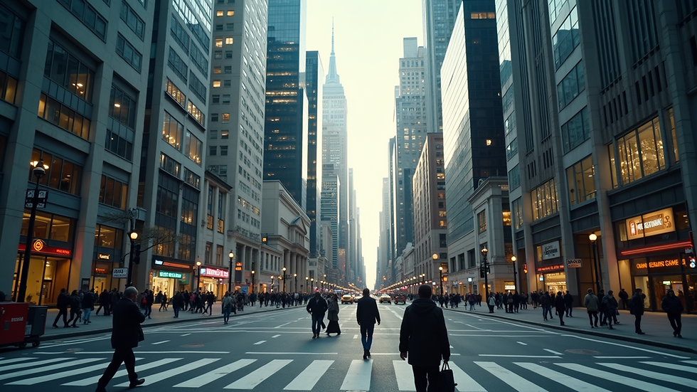 Wide angle view of a bustling financial district