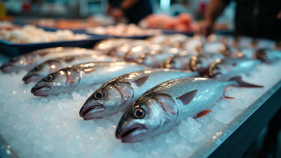 Close-up view of fish on ice at a market