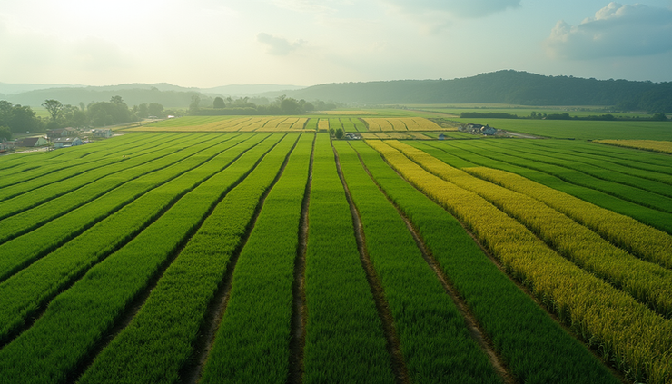 Vista aérea de uma plantação agrícola com áreas de cultivo organizadas