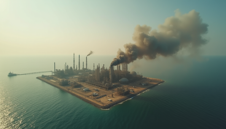 Vista aérea do complexo petrolífero iraniano no Golfo Pérsico após o ataque