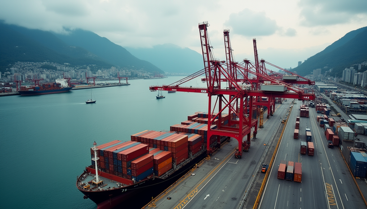 Vista aérea do porto de Vancouver com contêineres sendo carregados para exportação