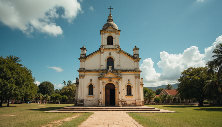 Vista frontal de uma igreja antiga no Nordeste brasileiro, com detalhes arquitetônicos típicos da região