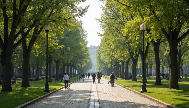 Vista de parque urbano com árvores e pessoas caminhando