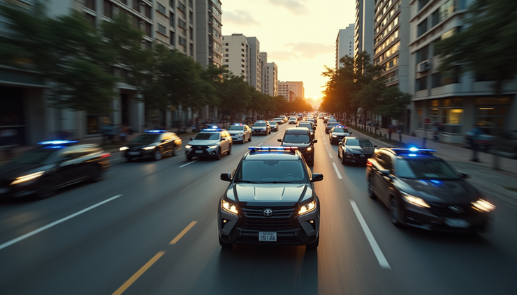 Vista aérea de viaturas policiais em operação integrada contra crime organizado