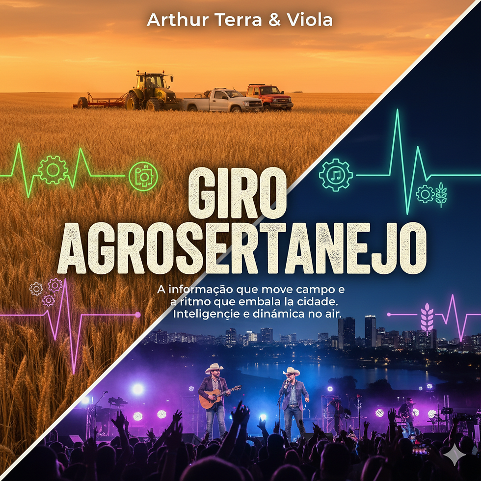 Imagem dividida diagonalmente que ilustra o Giro AgroSertanejo. Na metade superior esquerda, uma plantação de soja dourada ao pôr do sol com um trator e picapes operando no campo. Na metade inferior direita, um show sertanejo noturno com dois cantores no palco sob luzes coloridas e uma multidão à frente, tendo ao fundo o skyline iluminado de Belo Horizonte e a Lagoa da Pampulha. No centro, o título 'GIRO AGROSERTANEJO' com o slogan da coluna e elementos gráficos de ondas sonoras e ícones do agronegócio.