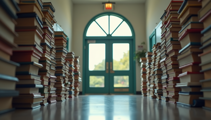 Vista frontal de uma escola pública com livros didáticos empilhados na entrada