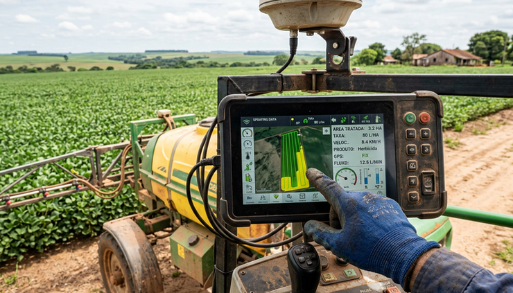 Vista próxima do painel de controle de um pulverizador autônomo no campo.