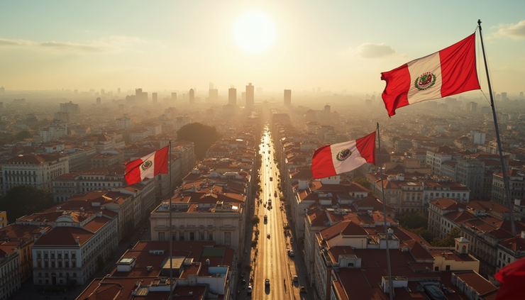 Vista aérea do centro histórico de Lima com bandeiras peruanas durante as eleições