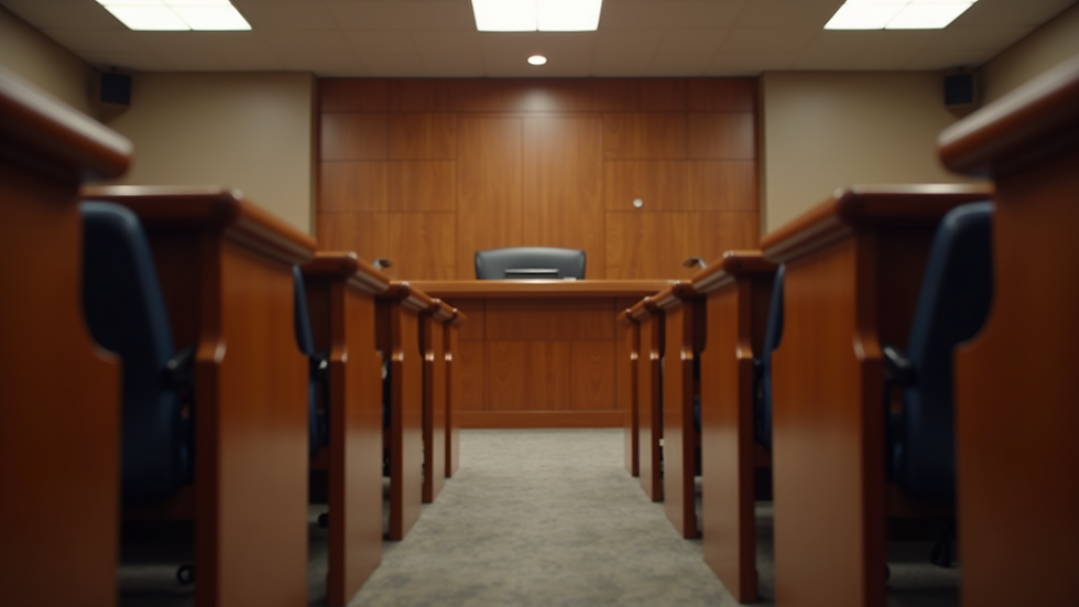 Eye-level view of a courtroom setting with empty chairs