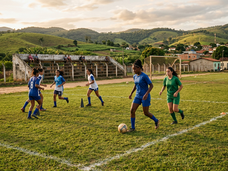 Vista em ângulo aberto de jogadoras de futebol feminino treinando em campo municipal no interior do Brasil.