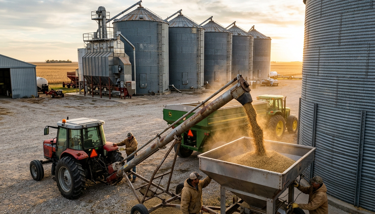Visão ampla de silos metálicos em uma fazenda durante a movimentação de grãos