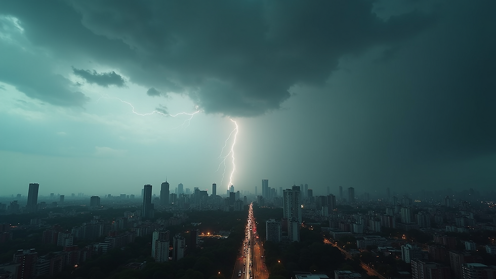 Wide angle view of a storm approaching the city