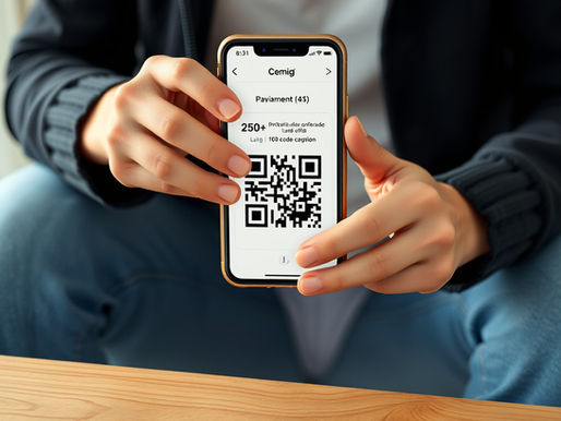 Uma fotografia de alta qualidade mostrando as mãos de uma pessoa segurando um smartphone que exibe um QR Code de pagamento.