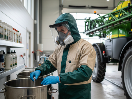 Aplicador agrícola profissional utilizando Equipamento de Proteção Individual (EPI) completo durante o manuseio de defensivos em uma fazenda moderna.