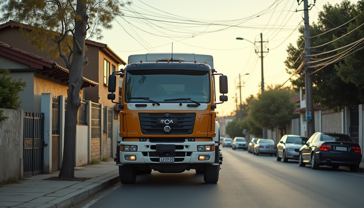 Vista frontal de caminhão de gás parado próximo a casa atingida em rua residencial da Grande BH