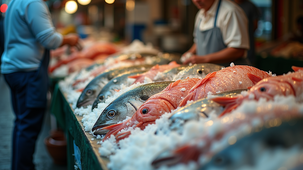 Eye-level view of a fish market filled with fresh seafood