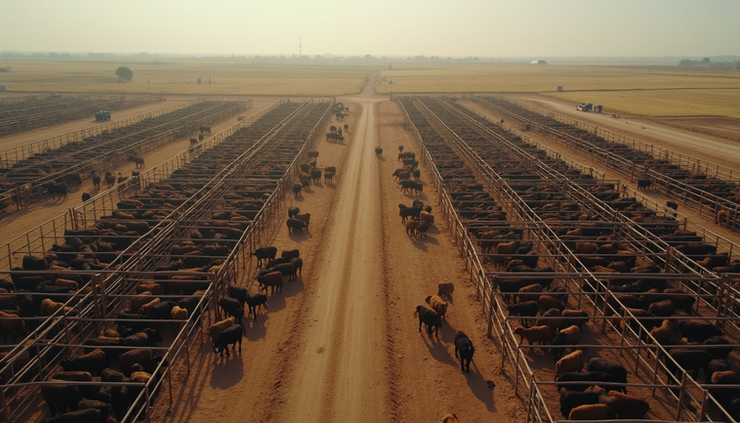 Vista aérea de grande confinamento de gado com currais organizados e animais alimentando-se