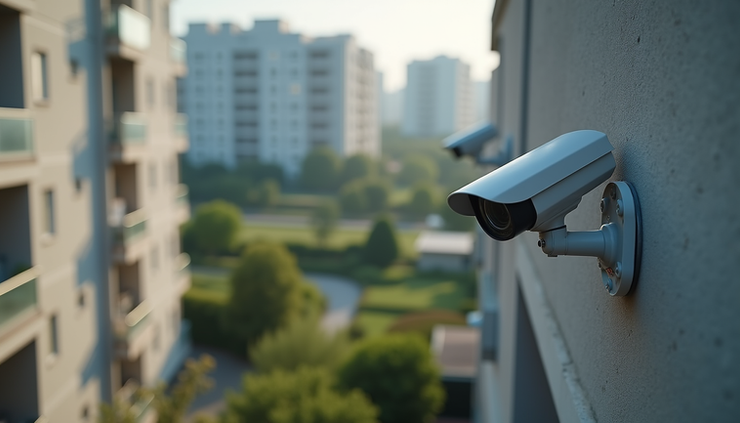 Vista aérea de condomínio residencial com câmeras de segurança instaladas nos muros