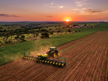 Fotografia em plano aberto de um trator de alta potência operando acoplado a uma plantadeira de precisão de grande porte em uma lavoura do Cerrado, sob a luz do entardecer.
