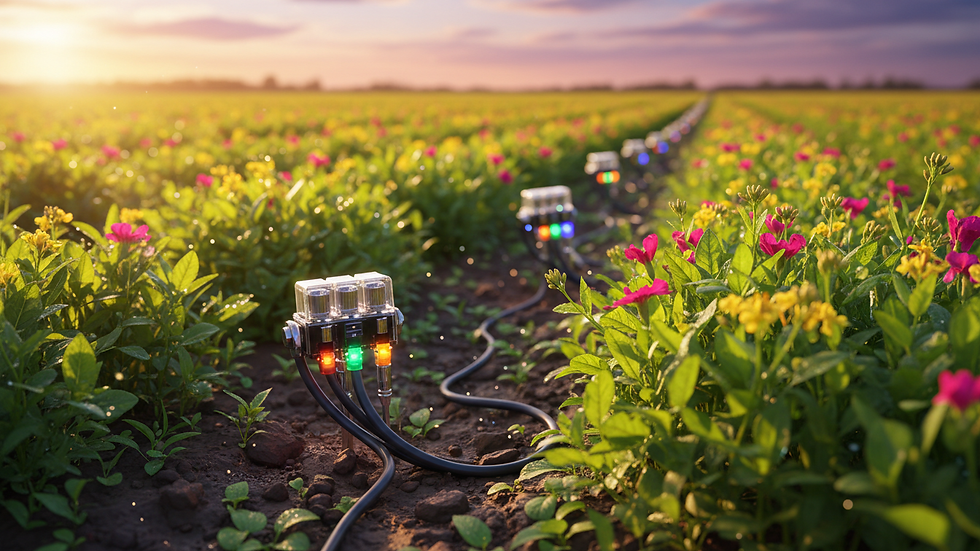 Close-up de tecnologia agrícola com sensores em plantação