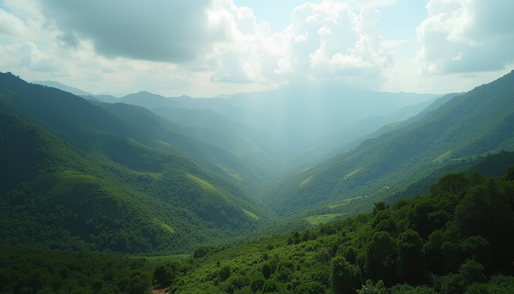 Vista aérea do relevo montanhoso no Sul de Minas com plantações de café