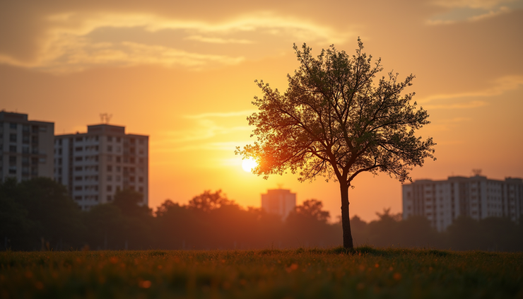 Vista frontal de uma árvore solitária em um parque urbano durante o pôr do sol
