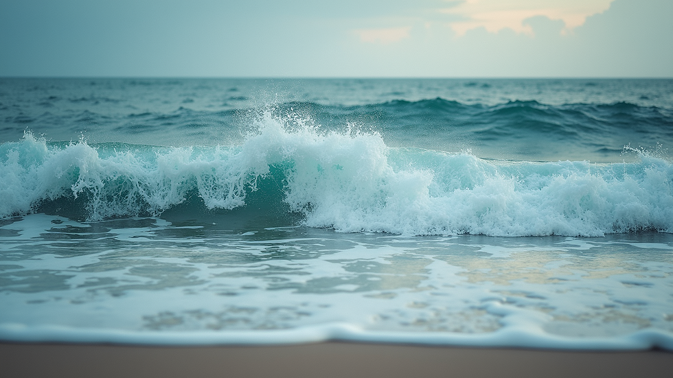 High angle view of the ocean with strong waves crashing against the shore