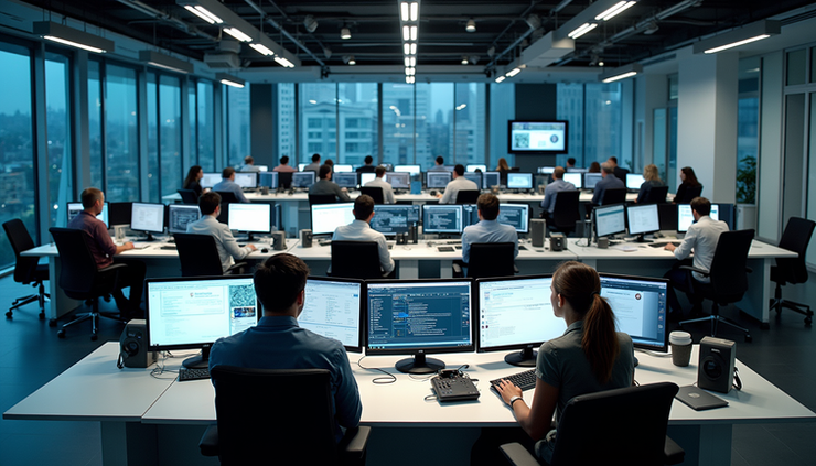 Vista aérea de redação de jornal com computadores e jornalistas trabalhando