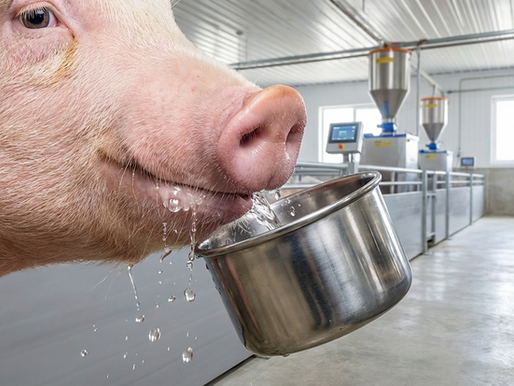 Suíno em fase de crescimento consumindo água limpa em bebedouro tipo taça de aço inox, evidenciando o manejo de hidratação e biosseguridade na granja.